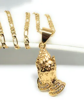 Gold Plated Iced Out CZ Classic Praying Hands Pendant 24 FIGARO Chain