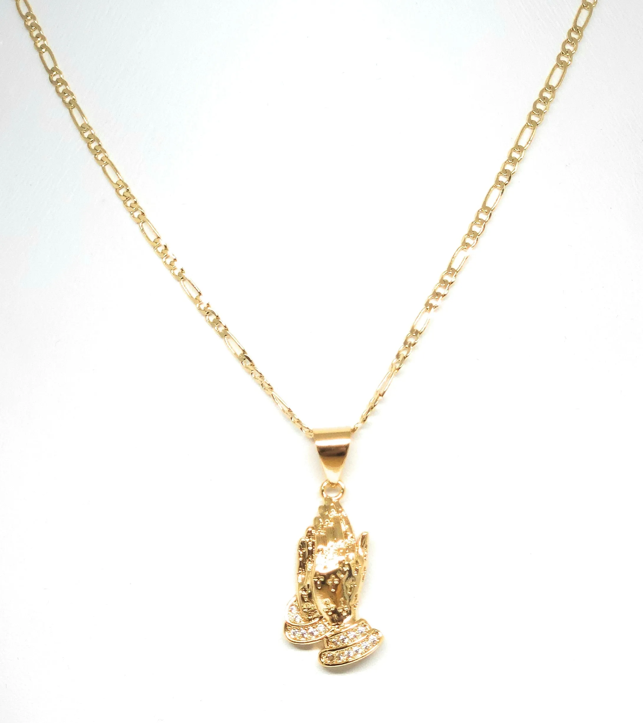 Gold Plated Iced Out CZ Classic Praying Hands Pendant 24 FIGARO Chain