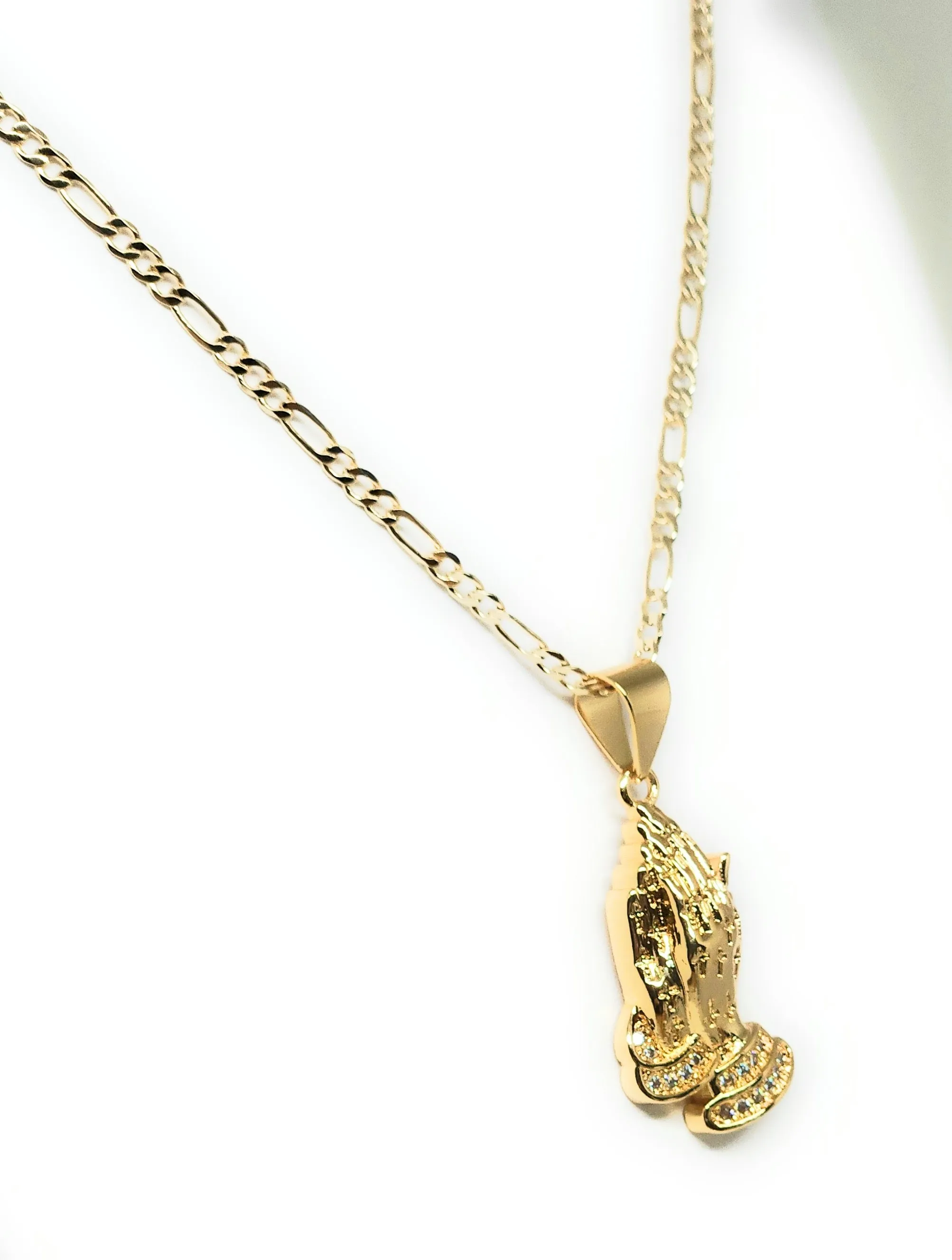 Gold Plated Iced Out CZ Classic Praying Hands Pendant 24 FIGARO Chain