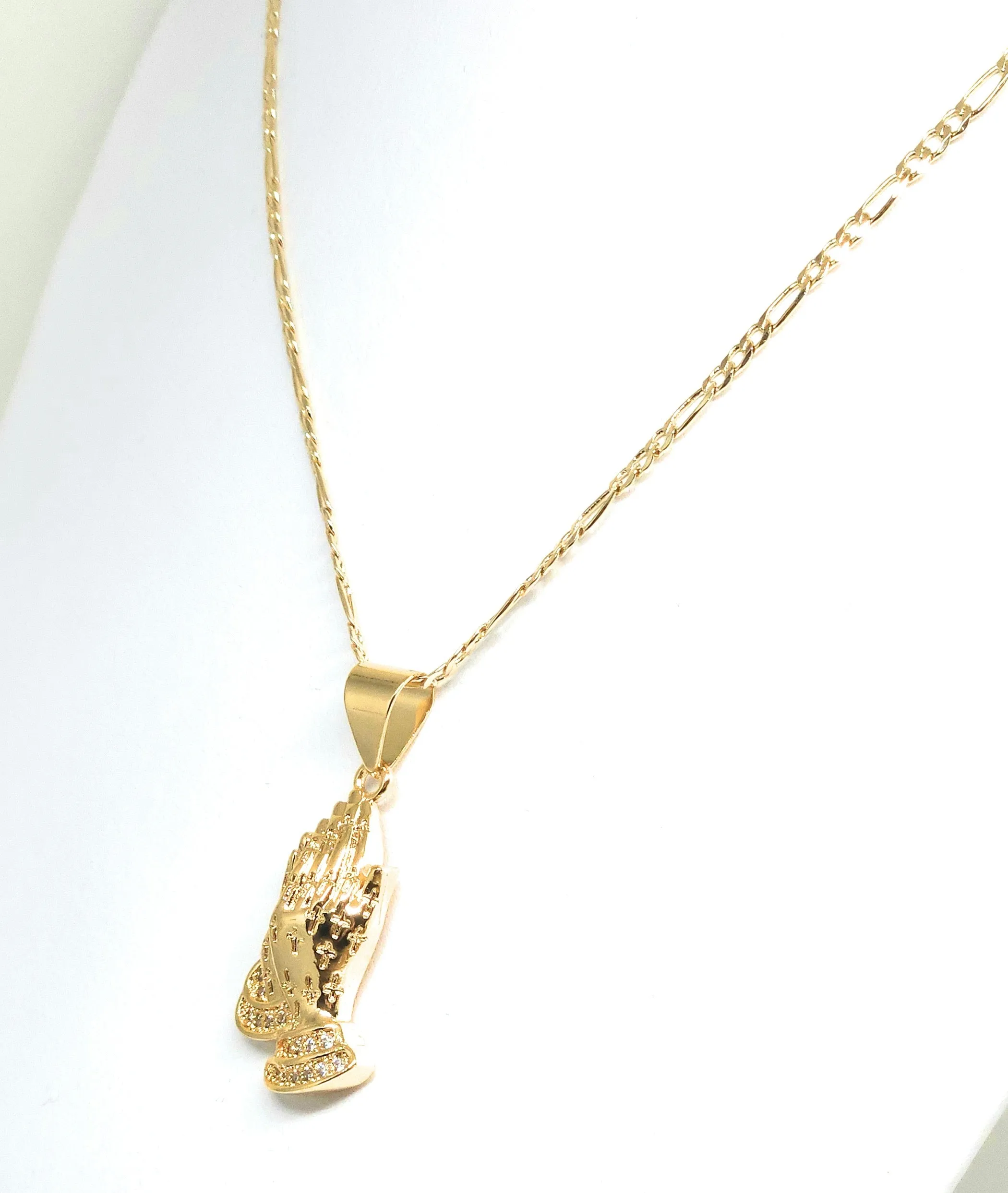 Gold Plated Iced Out CZ Classic Praying Hands Pendant 24 FIGARO Chain