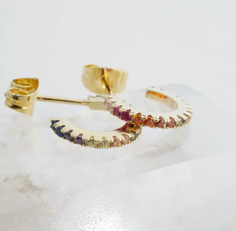 Gold Rainbow Crystal Hoop Earrings