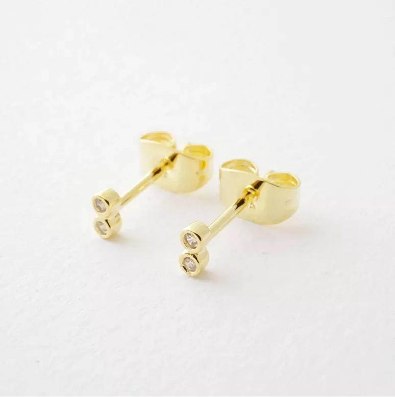 Gold Tiny Double Circle Crystal Earrings