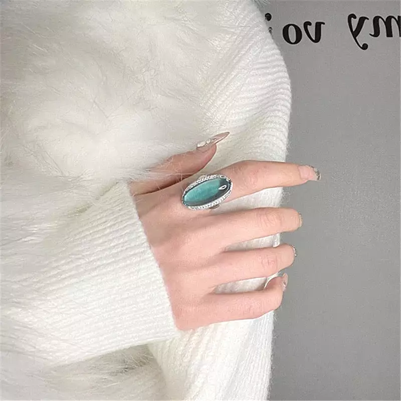 Korean women's retro exaggerated sea blue sterling silver open ring high-end banquet temperament party eye-catching jewelry S449