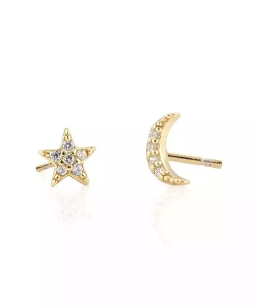 Kris Nations Star and Moon Pave Stud Earrings - Gold