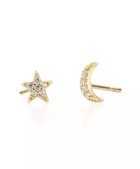 Kris Nations Star and Moon Pave Stud Earrings - Gold