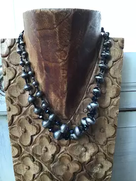 Navajo Style Pearl & Crystal Double Strand Necklace