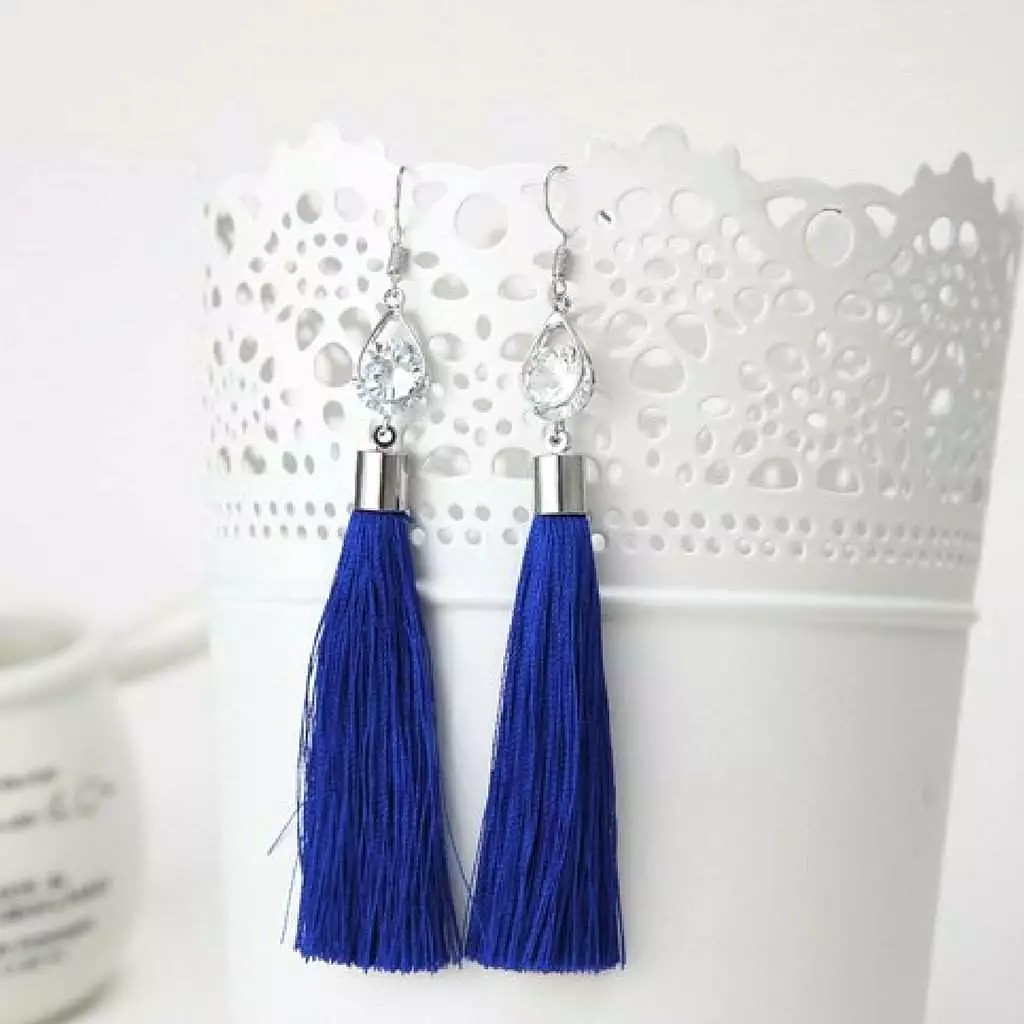 Navy Blue Tassel Earrings with Silver Oval and Crystal