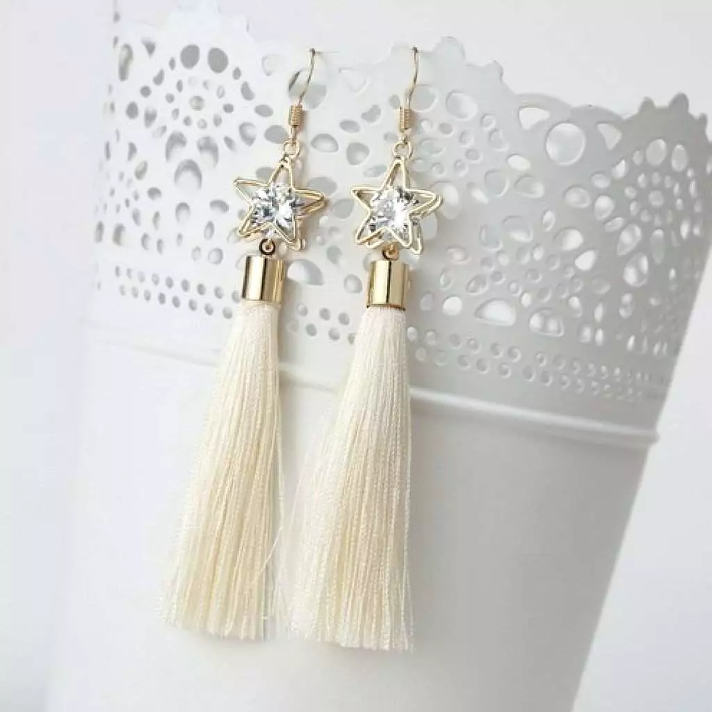 Off White Tassel Earrings with Gold Star and Crystal