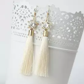 Off White Tassel Earrings with Gold Star and Crystal