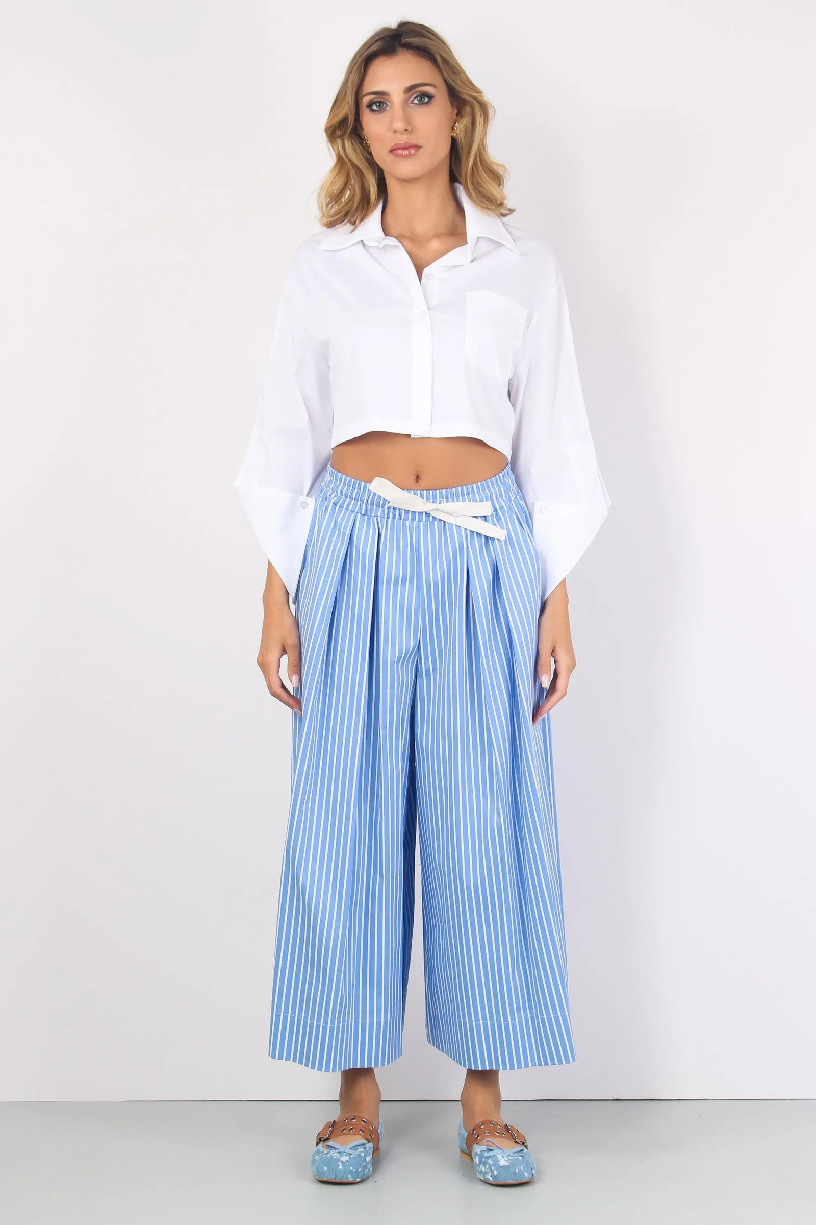 Pantalone Cropped Riga Azzurro/bianco