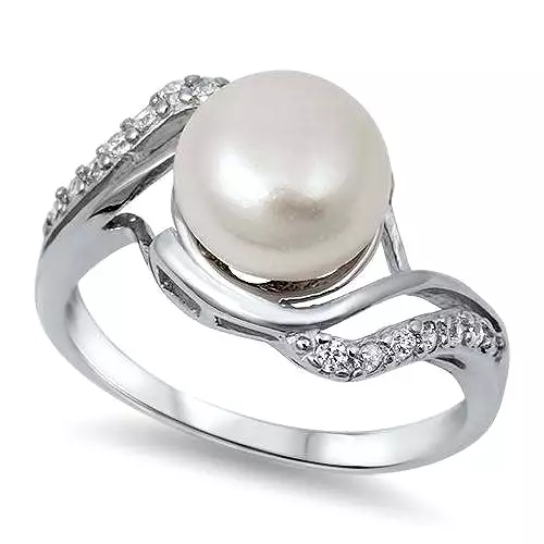 Pearl and CZ Sterling Silver Ring