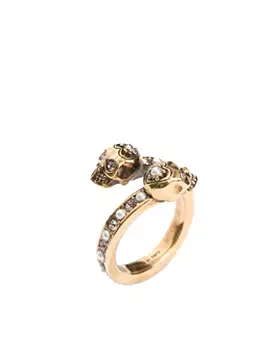 Pearl Band Twin Skull Ring, Gold