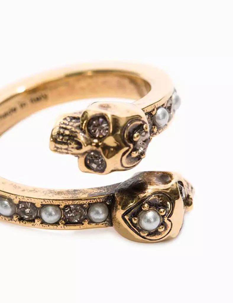 Pearl Band Twin Skull Ring, Gold