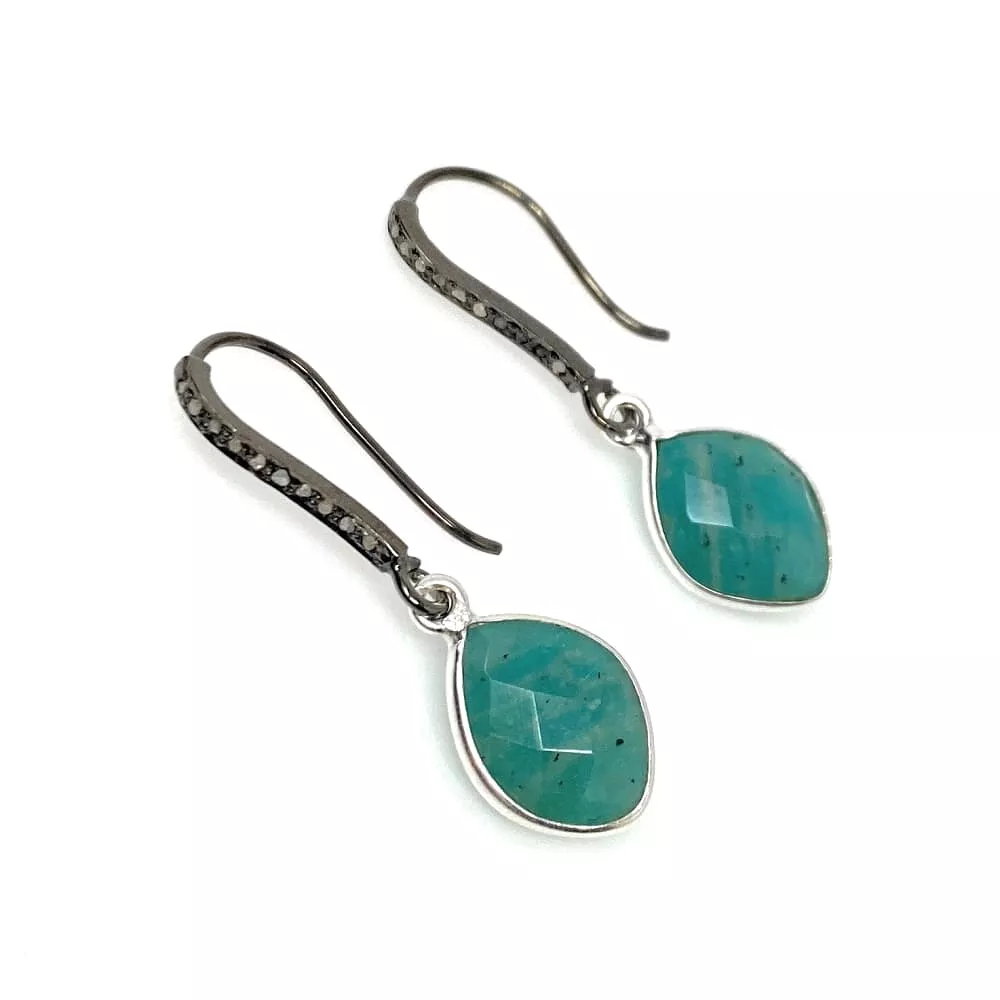 Peruvian Amazonite  Earrings, Pave Diamond Earrings, Sterling Silver