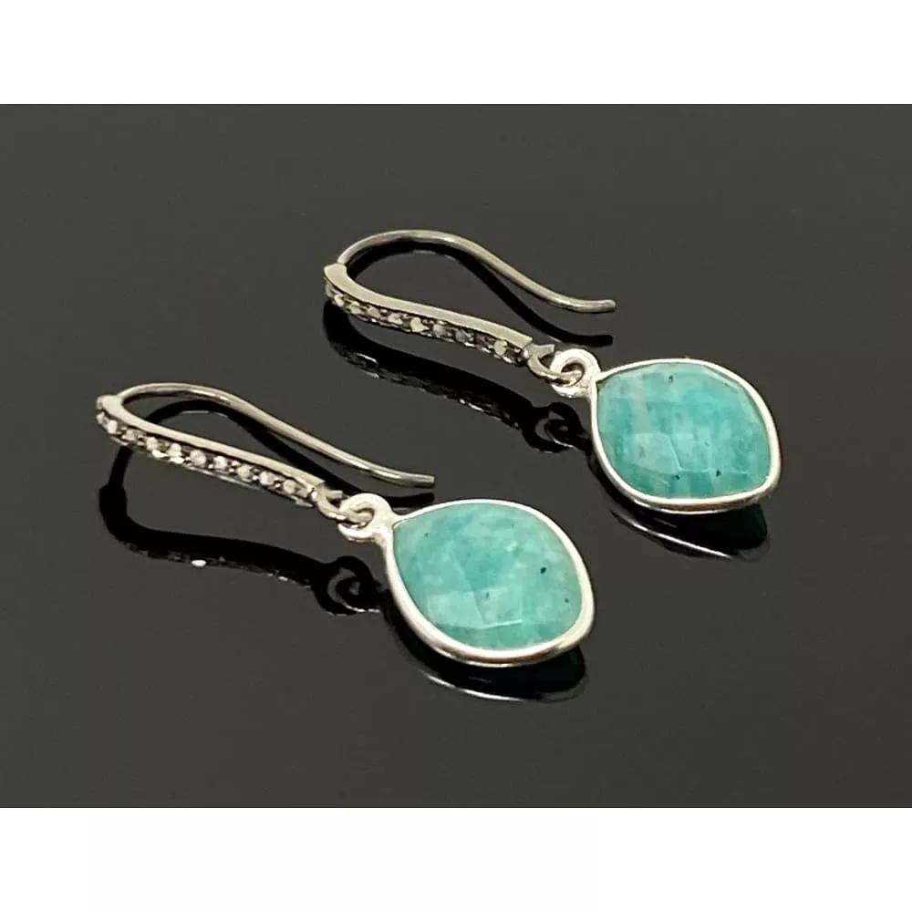 Peruvian Amazonite  Earrings, Pave Diamond Earrings, Sterling Silver