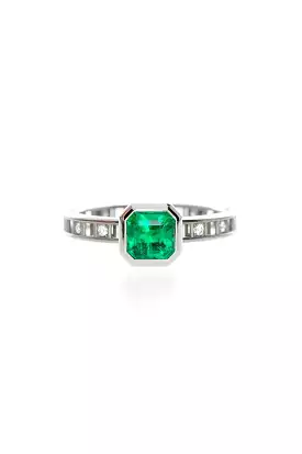 Pixel Dust Open Set Solitaire Ring - Emerald Cut Emerald in White Gold