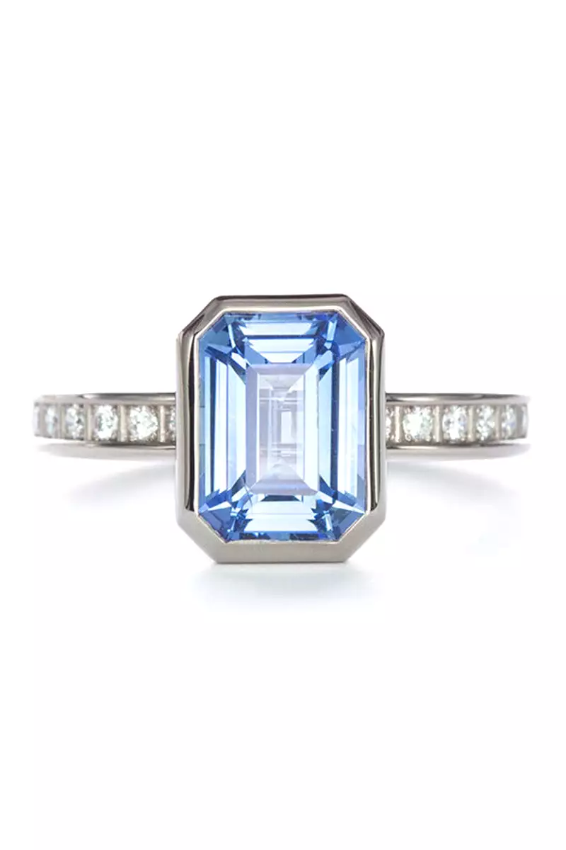 Pixel Dust Solitaire Ring - Emerald Cut Blue Sapphire in Grey Gold