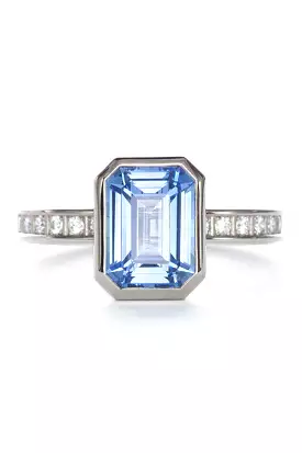 Pixel Dust Solitaire Ring - Emerald Cut Blue Sapphire in Grey Gold