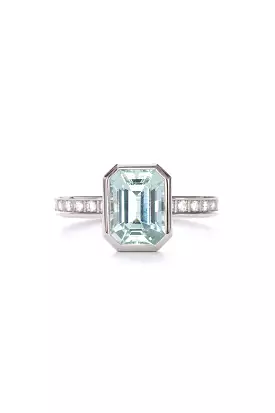 Pixel Dust Solitaire Ring - Emerald Cut Pale Green Tourmaline in White Gold