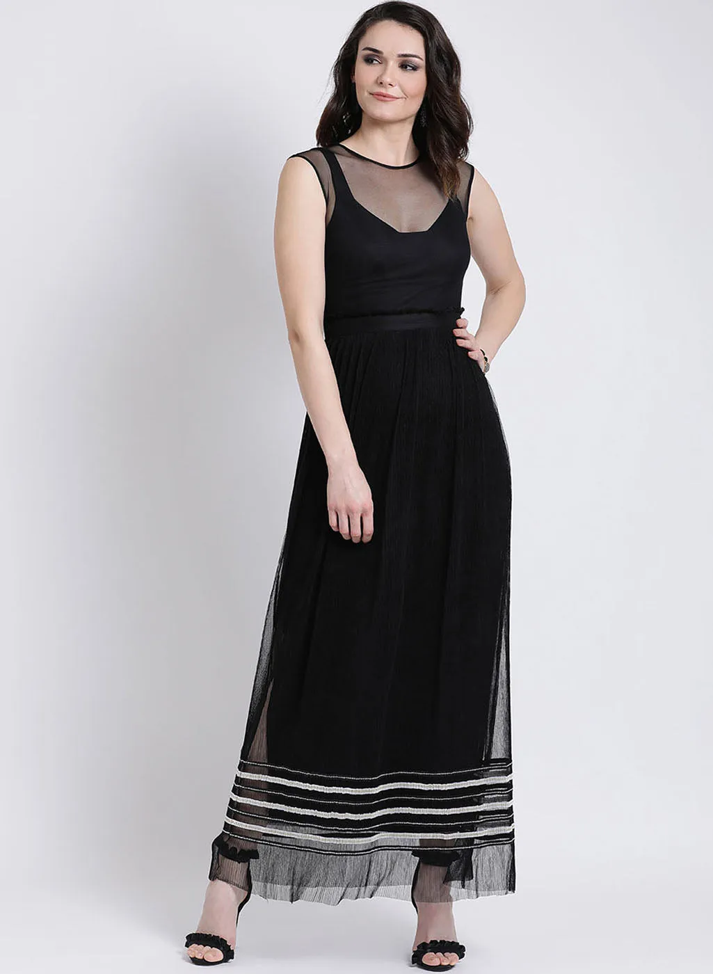 Pleated Mesh Maxi Dress