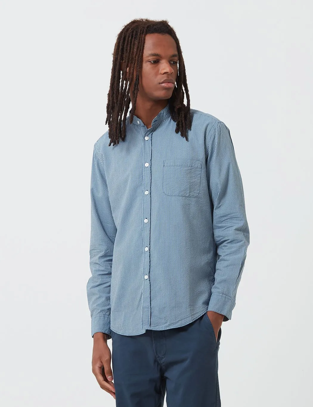 Portuguese Flannel Mao Grandad Collar Shirt - Light Blue