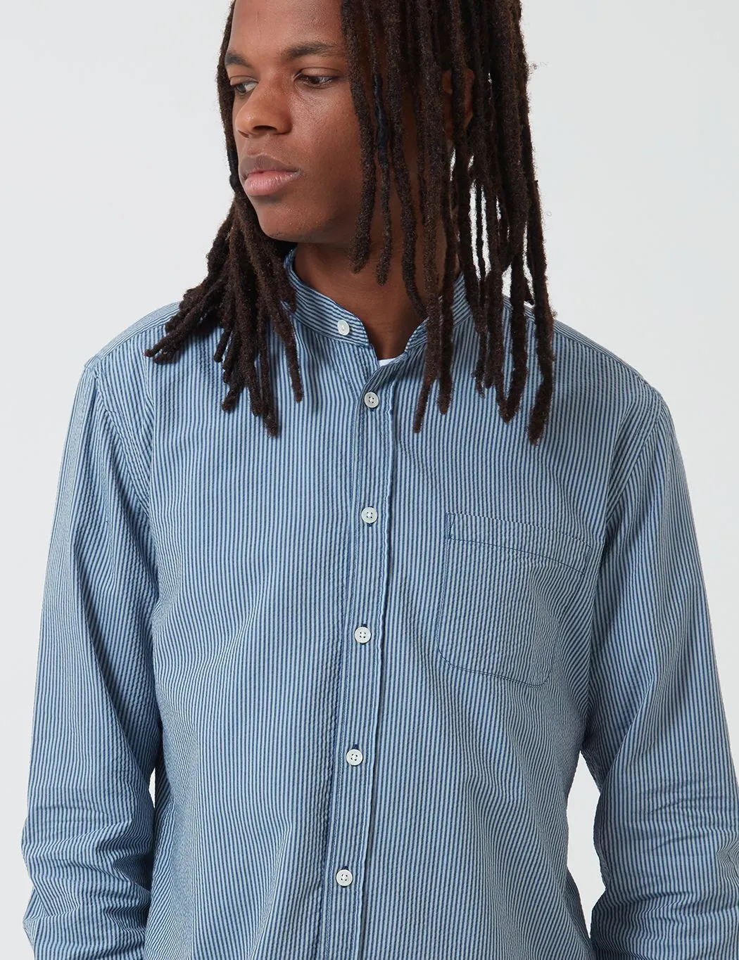 Portuguese Flannel Mao Grandad Collar Shirt - Light Blue