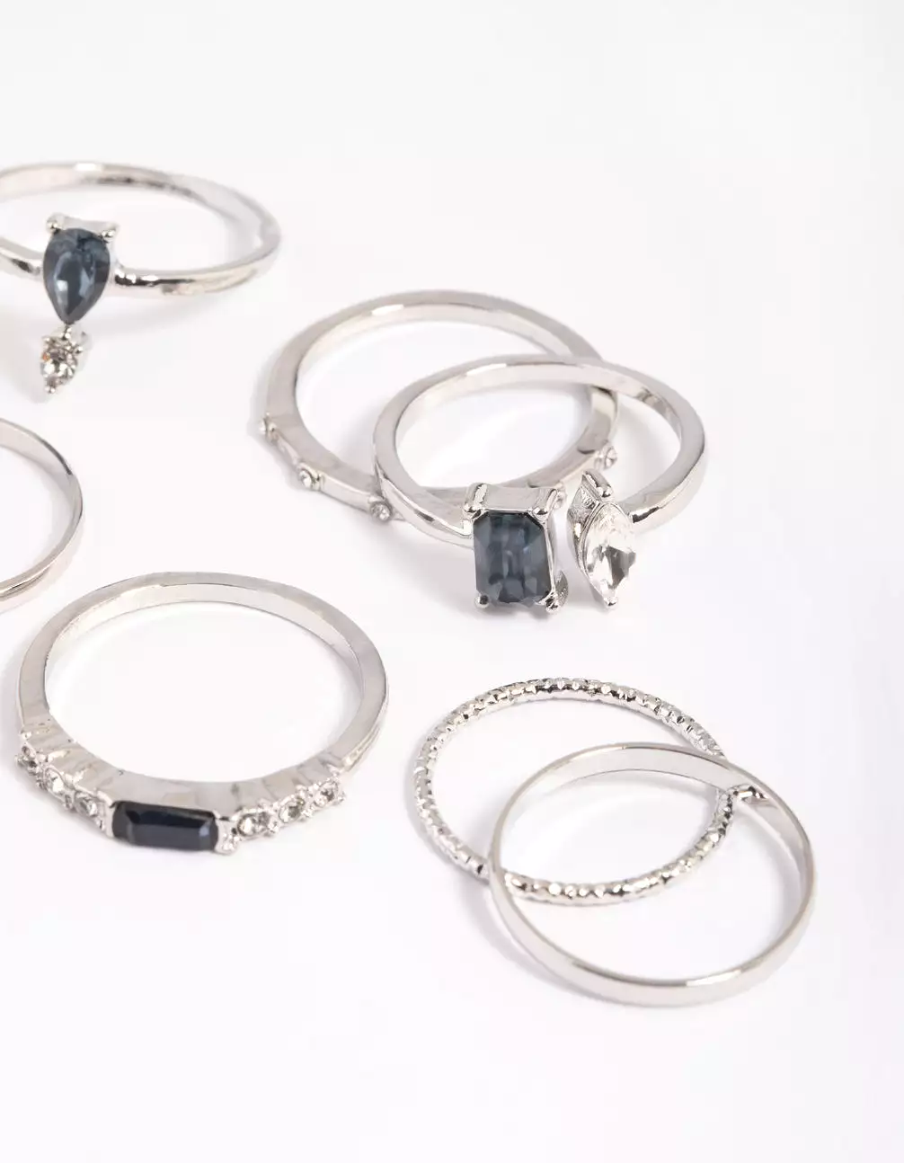 Rhodium Blue Stone Mixed Ring Stack Pack