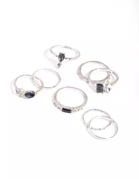 Rhodium Blue Stone Mixed Ring Stack Pack