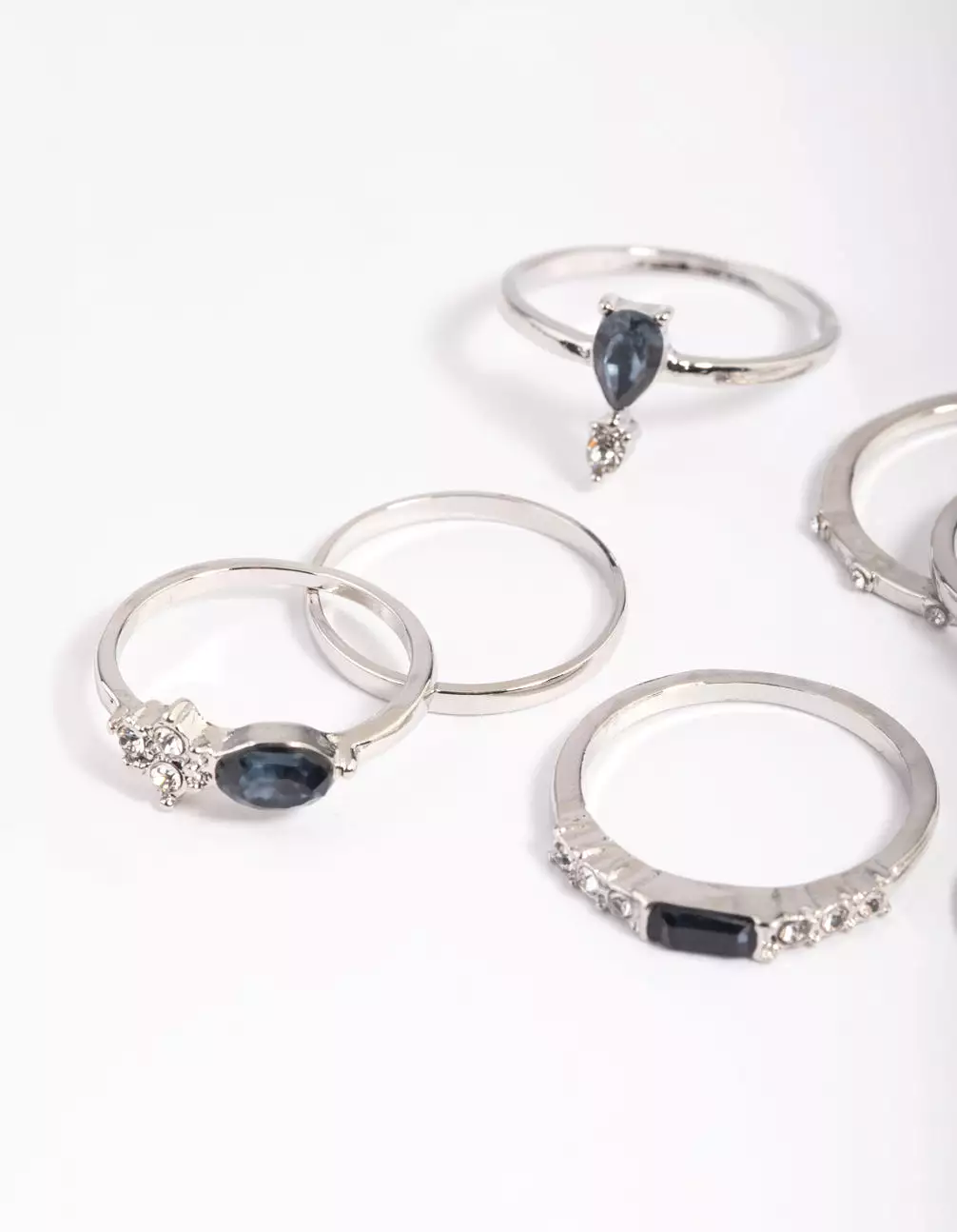 Rhodium Blue Stone Mixed Ring Stack Pack