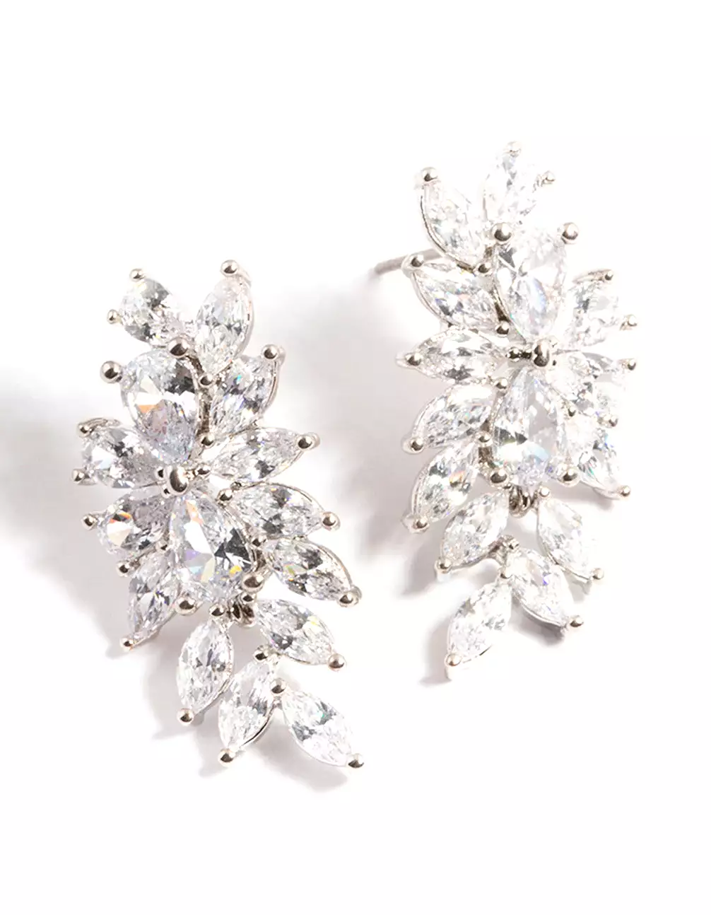 Rhodium Diamond Simulant Floral Drop Earrings