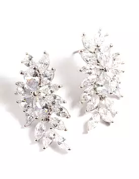 Rhodium Diamond Simulant Floral Drop Earrings