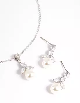 Rhodium Diamond Simulant Flower Pearl Necklace & Earrings Set