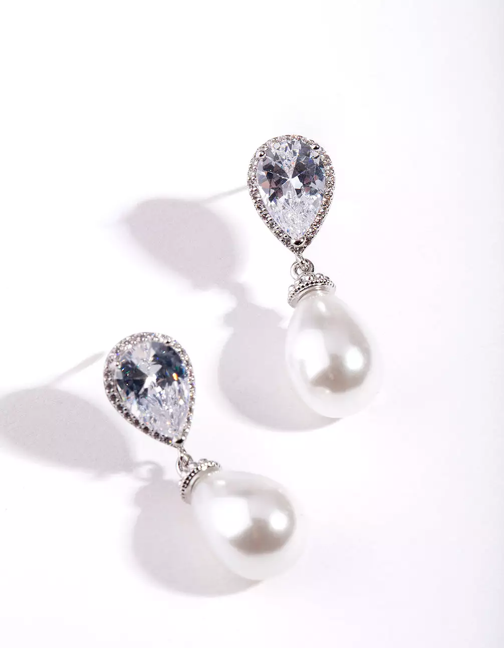 Rhodium Diamond Simulant Pearl Drop Earring