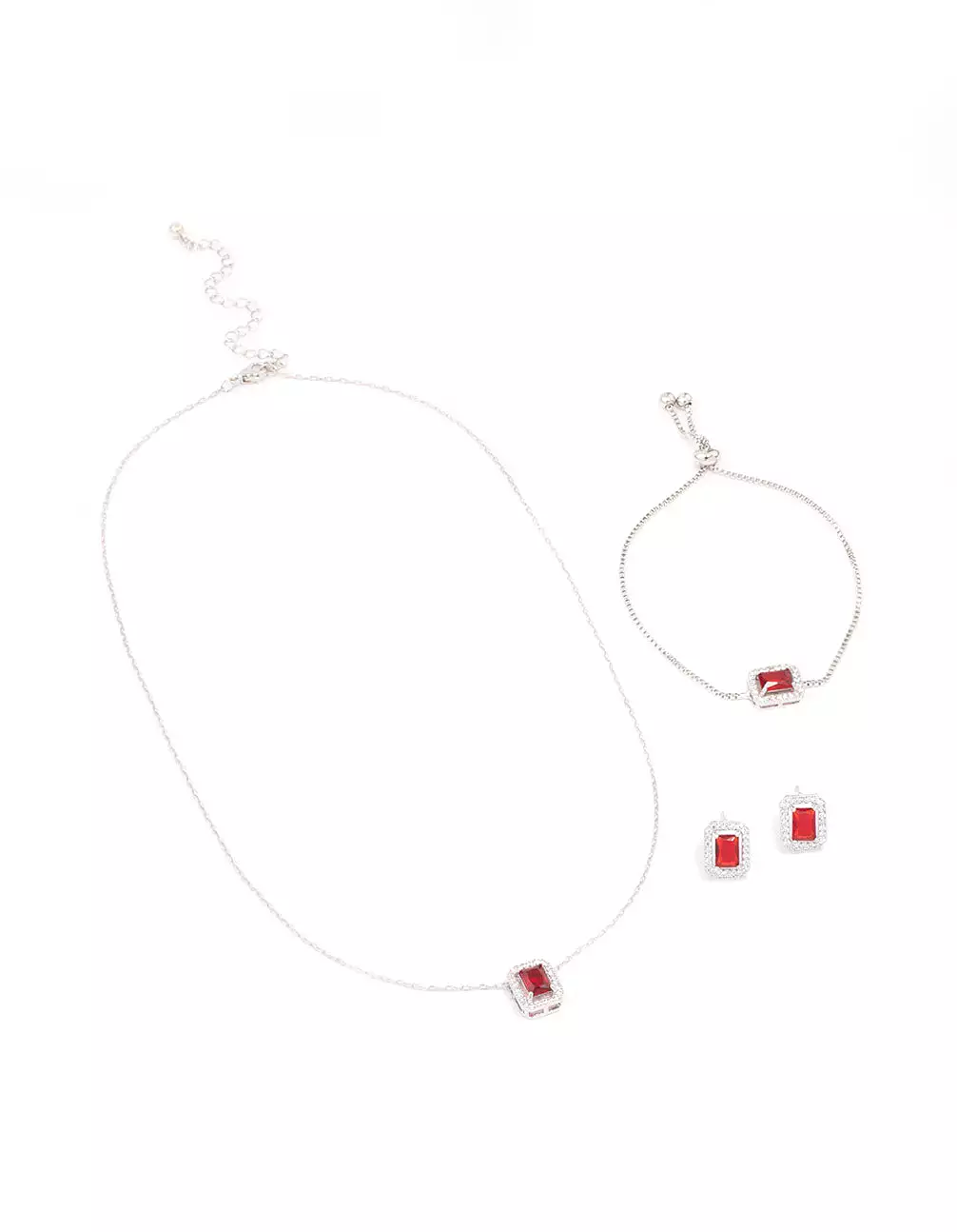 Rhodium Ruby Diamond Simulant Halo Jewellery Set