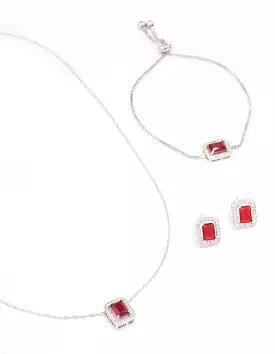 Rhodium Ruby Diamond Simulant Halo Jewellery Set