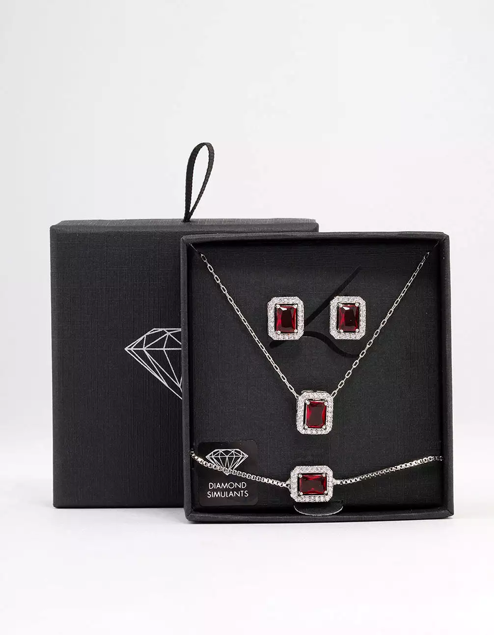 Rhodium Ruby Diamond Simulant Halo Jewellery Set