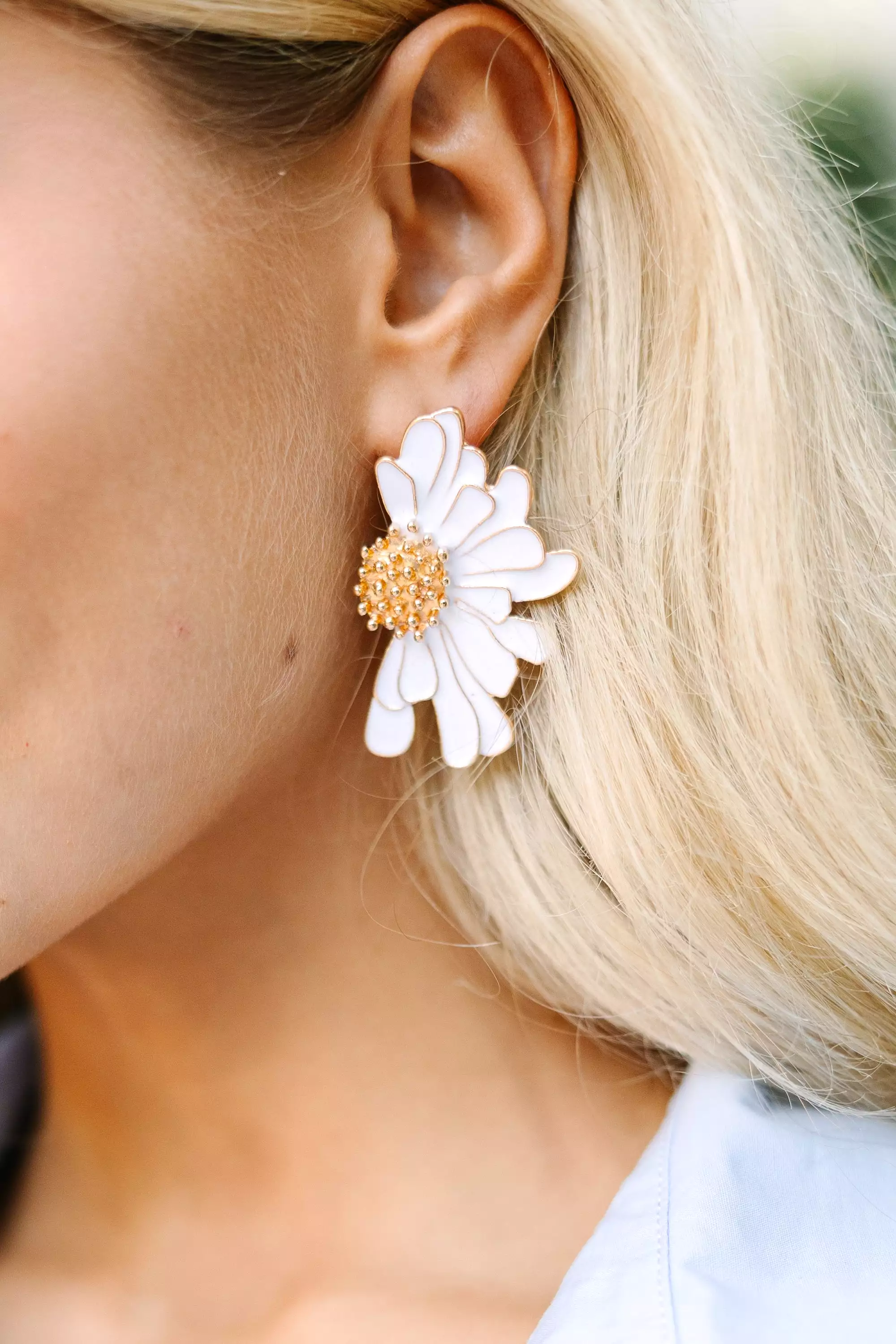 Romantically You White Half Flower Earrings