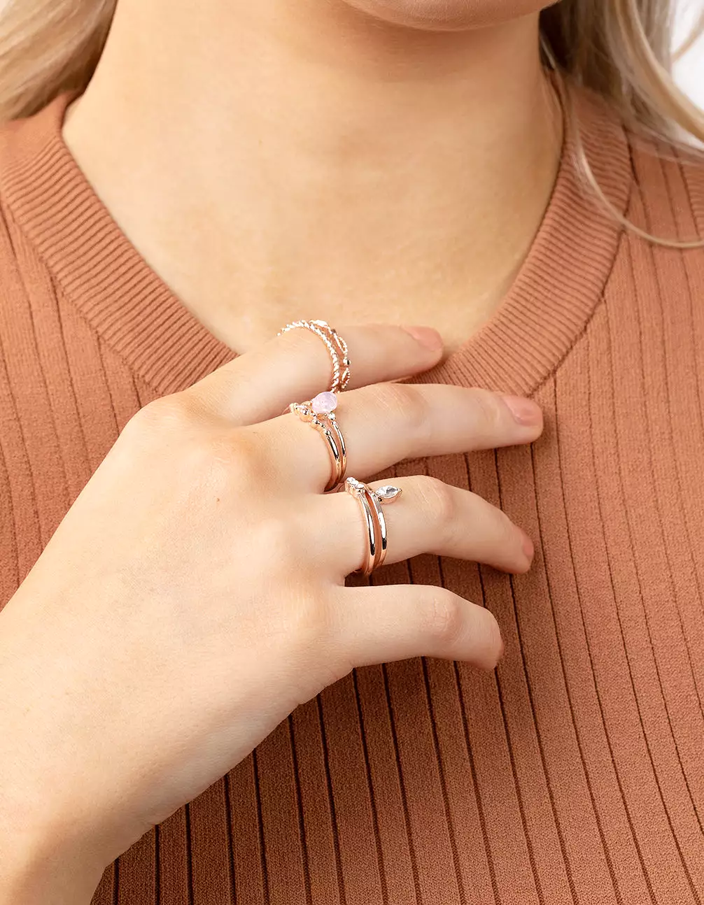 Rose Gold Diamante Stone Ring Set