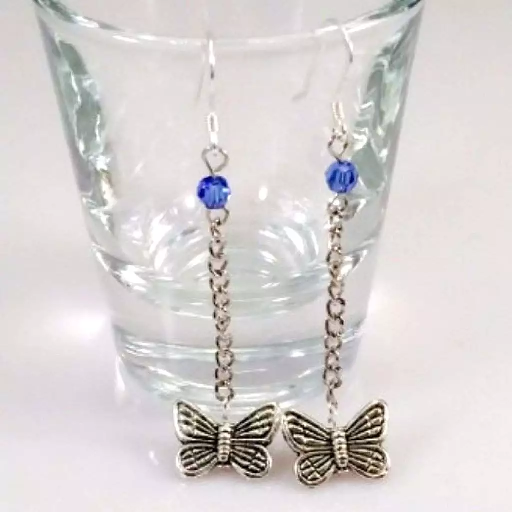 Silver Butterfly Blue Crystal Dangle Earrings