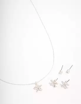 Silver Flower Earrings Jewellery Set