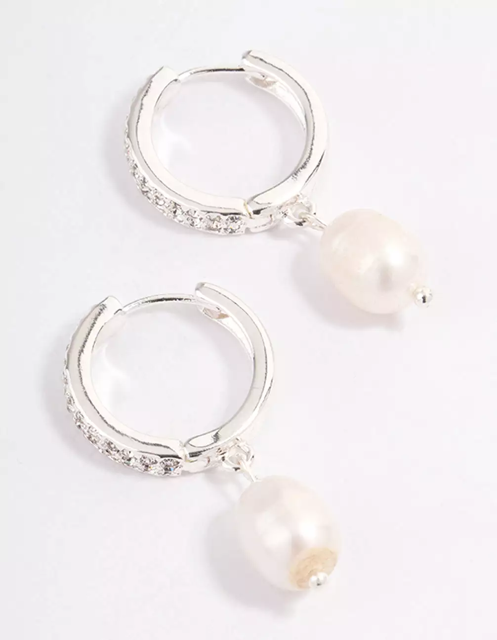 Silver Plated Diamante Huggie Freshwater Pearl Earrings