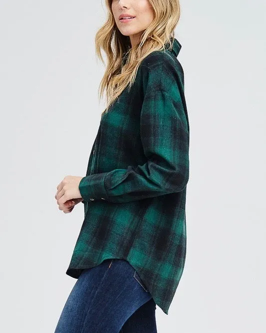 Slightly Oversized Buffalo Plaid Flannel Button Down in Green/Black