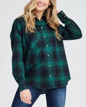 Slightly Oversized Buffalo Plaid Flannel Button Down in Green/Black