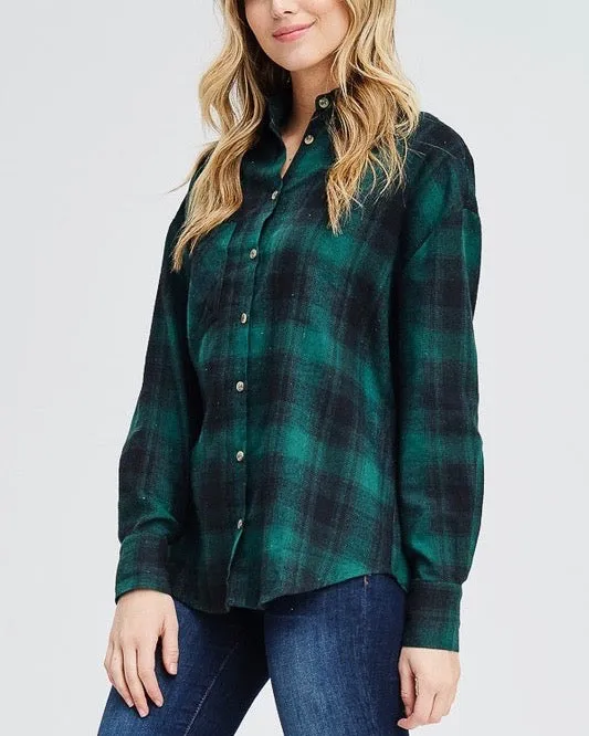 Slightly Oversized Buffalo Plaid Flannel Button Down in Green/Black