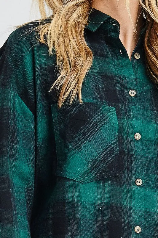 Slightly Oversized Buffalo Plaid Flannel Button Down in Green/Black