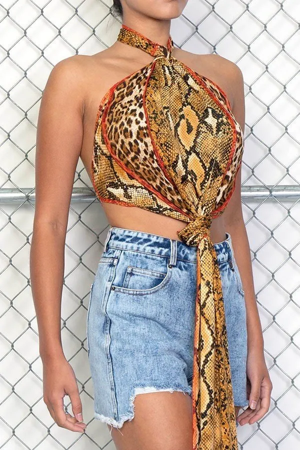 Snake Print Cropped Halter Top