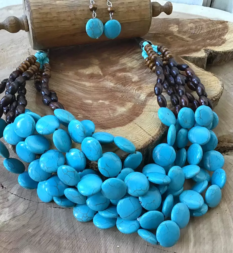 Turquoise & Wood 6 Strand Necklace