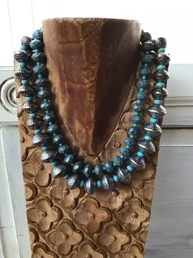 Turquoise Patina Slver Beads Double Strand Necklace Set