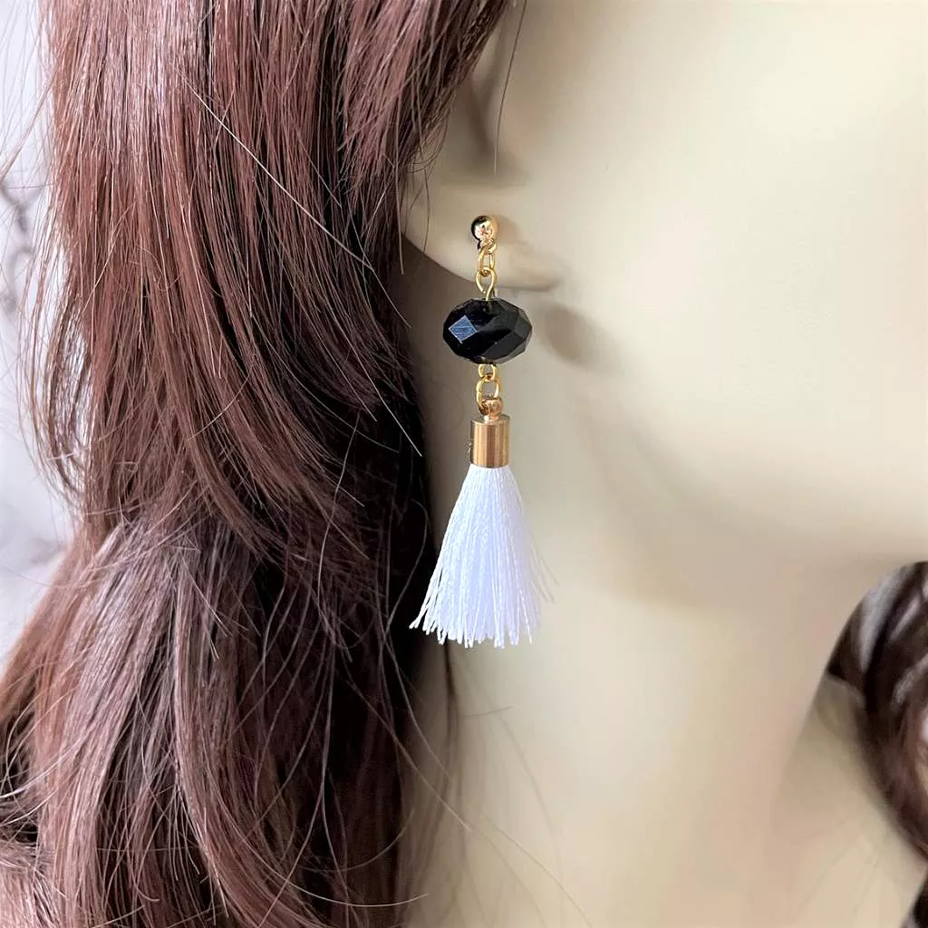 White Tassel and Black Crystal Post Earrings