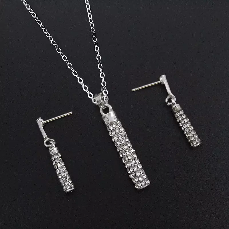 women's rhinestone full diamond cylindrical necklace earrings set